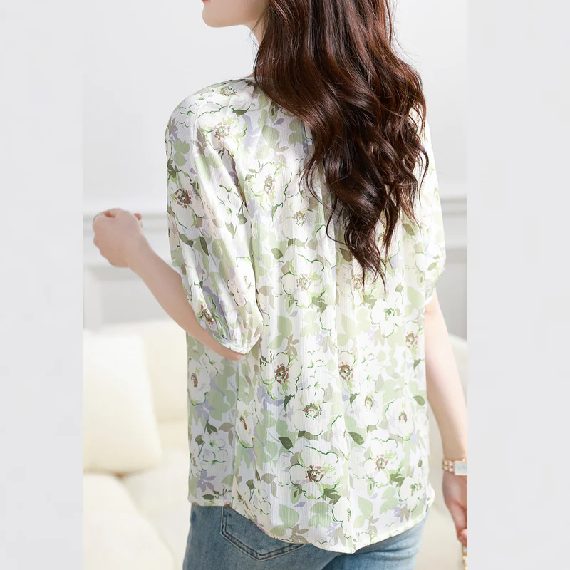 2024 Summer Floral Aesthetic Casual Loose Women's Clothes Y2K Short Sleeve V Neck Elegant Fashion Printretro Retro Kawaii Tpos