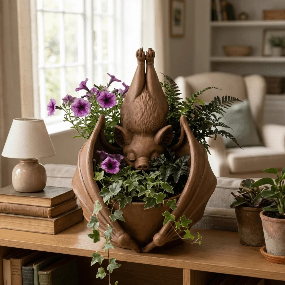 3D Printed Hanging Bat Planter Gothic Style Novelty Hanging Bat Plant Pot Creative Halloween Bat Shaped Flower Pot Patio