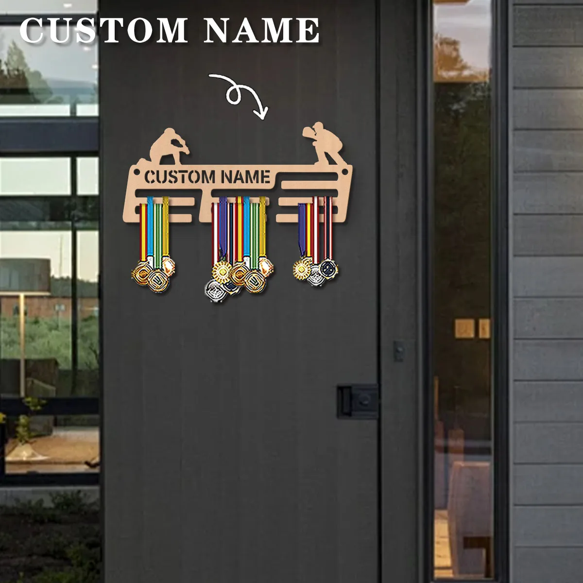 1pc Custom Wooden baseball player Medal Hanger, Personalized Medal Display Rack for Athletes,Ideal Gift for Family Friends view 2
