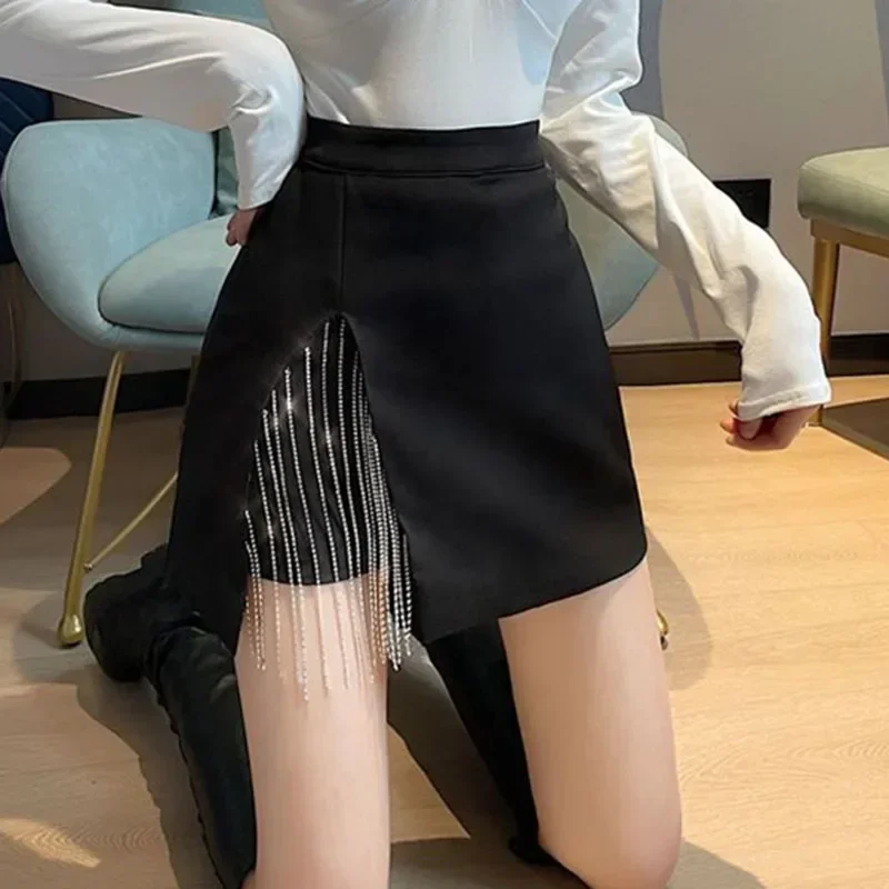 Fashion Side Split Mini Skirts For Women Korean High Waist Tassel A-line Skirt Woman Sexy With Lining Back Zipper Bag Skirt