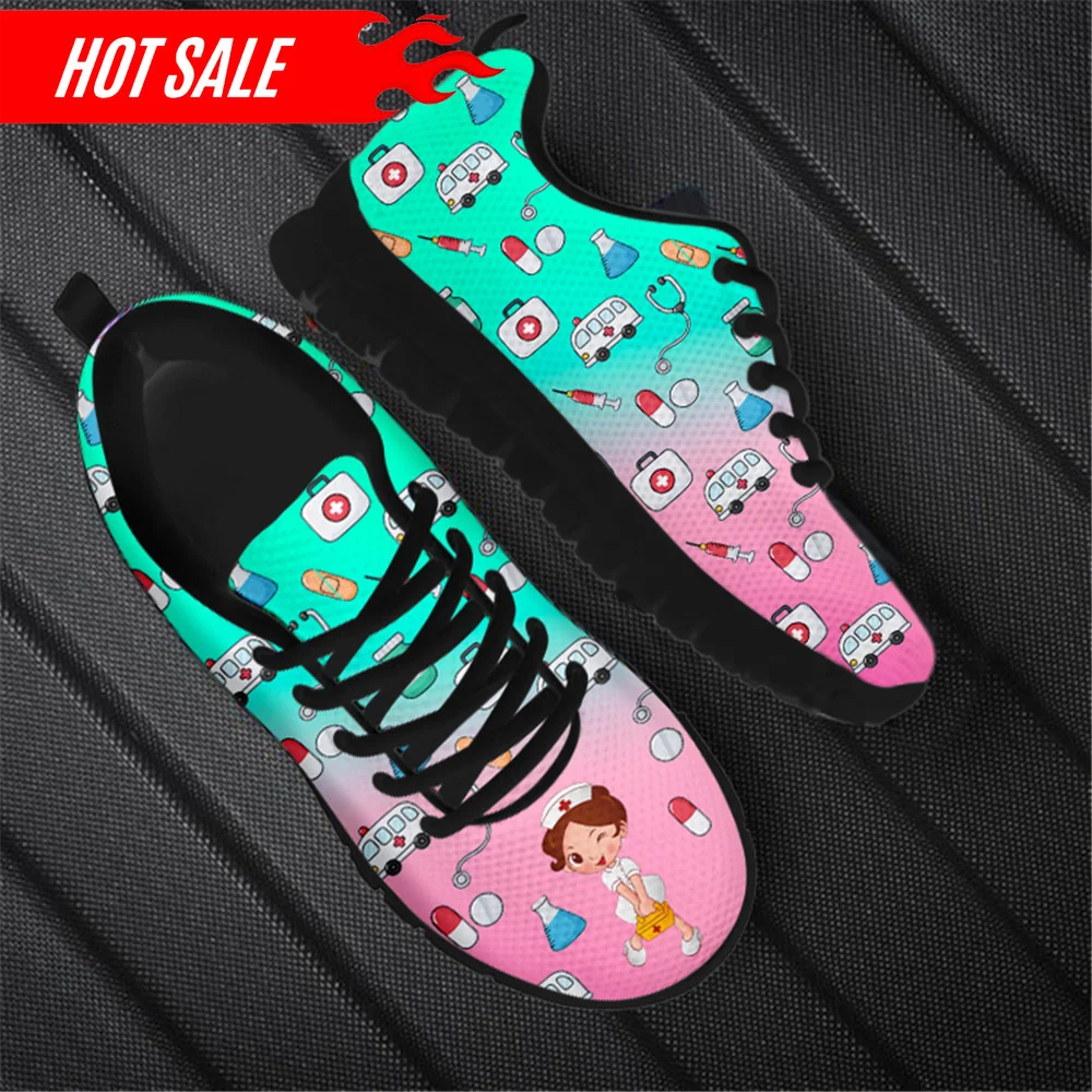 Gradient Cartoon Nurse Doctor Brand Design Mesh Flat Sneakers Spring Autumn Nursing Shoes Ladies Lace Up Footwear