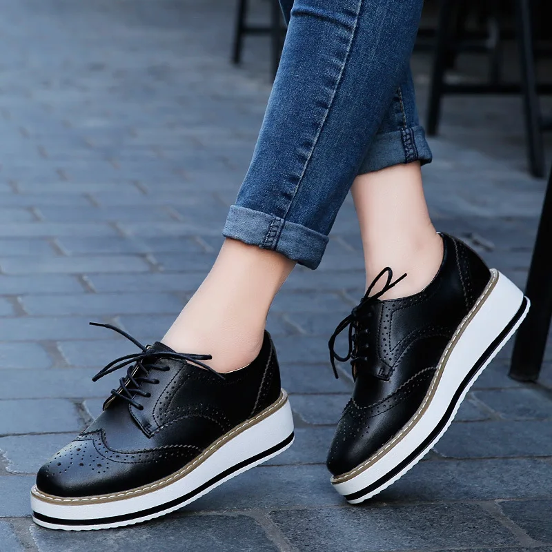 Genuine Leather Shoes Women Flats Oxford Lace Up Striped Platform White Black Fashion Vintage Platform Brogue Shoes Woman