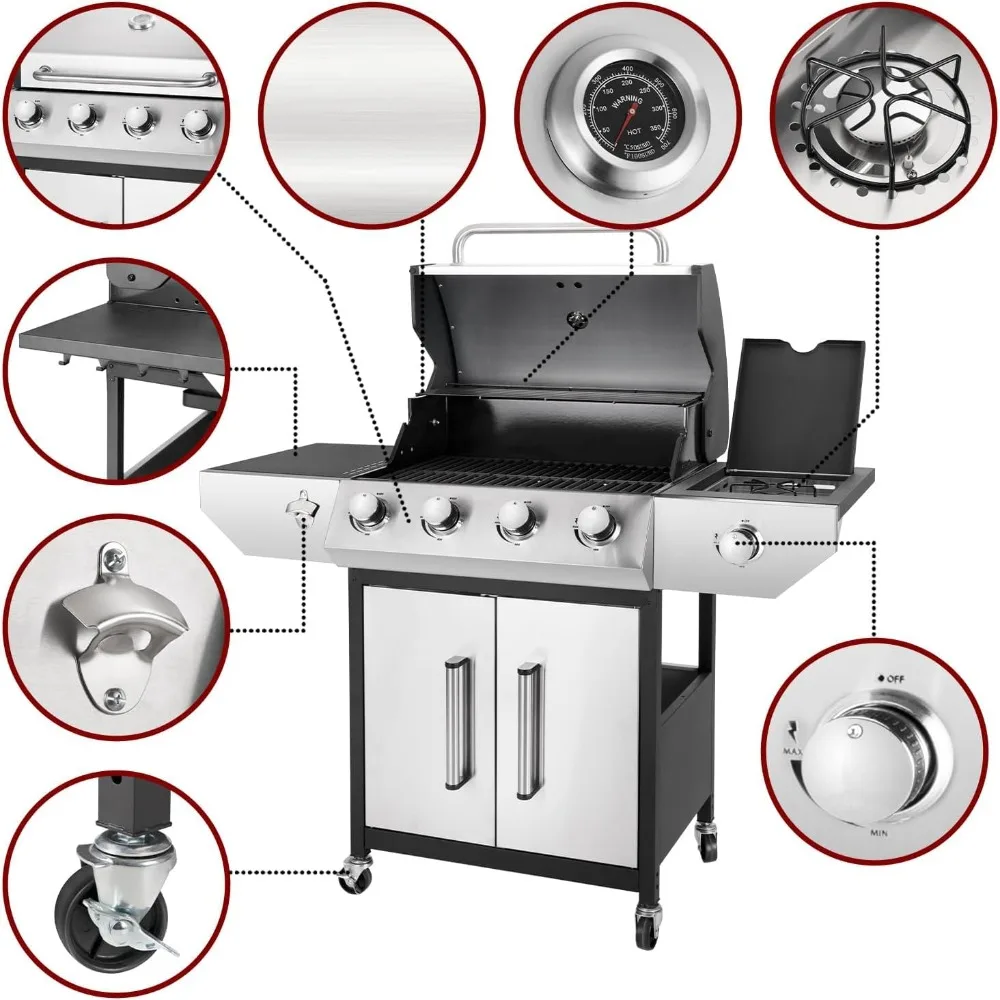 53000 BTU Gas Grill & Enameled Cast Iron Grates, 4 Main & Side Burner Propane Patio Garden, Custom