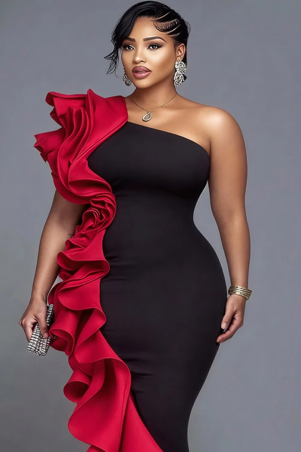 بالإضافة إلى حجم اللون الأحمر الرسمي كتف واحد كشكش فساتين ماكسي Bodycon أنيقة #2