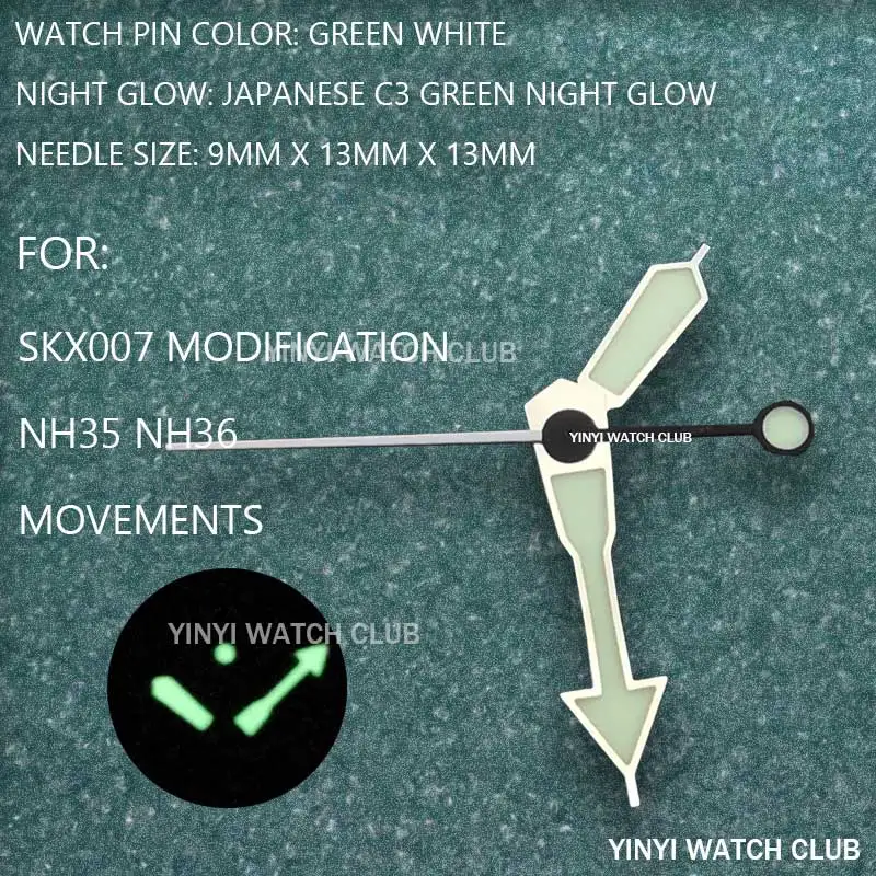 Watch hands for SKX watch modification accessory watch hand Green color For Seiko SKX007 C3 glow for NH35 / NH36 Movements