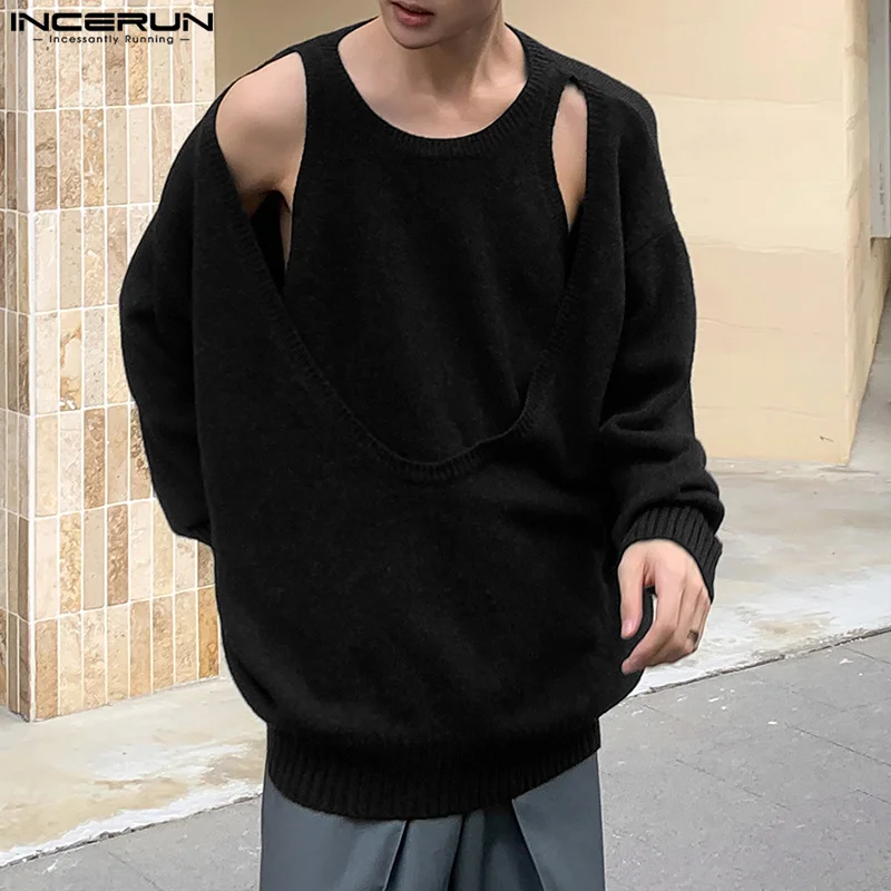 2024 Men Sweaters Hollow Out Sexy O-neck Long Sleeve Irregular Pullovers Streetwear Solid Fashion Casual Men Clothing INCERUN