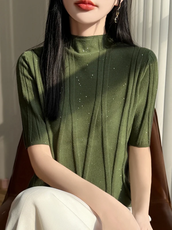 2026 New Sle Women's Knitted Base Layer T-irt f High Collar Slim Fit Soft Fabric Glittering Thin Middle Sve Sweater