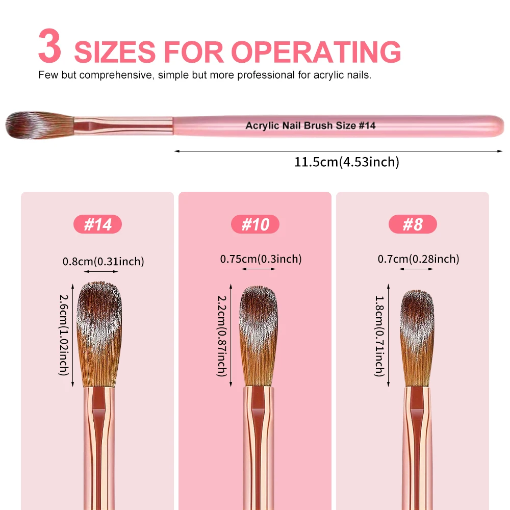 # Brosse à ongles en acrylique rose, 3 pièces, manche en bois, brosse en vison, Extension de poudre de cristal acrylique, outil de sculpture, 8/10/14