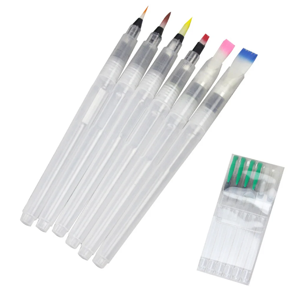 

6pcs Water Storage Paint Brush Set Refillable Watercolor Brush Pens 3 Flat 3 Pointed Heads For Artists Easy Clean No Leak Art