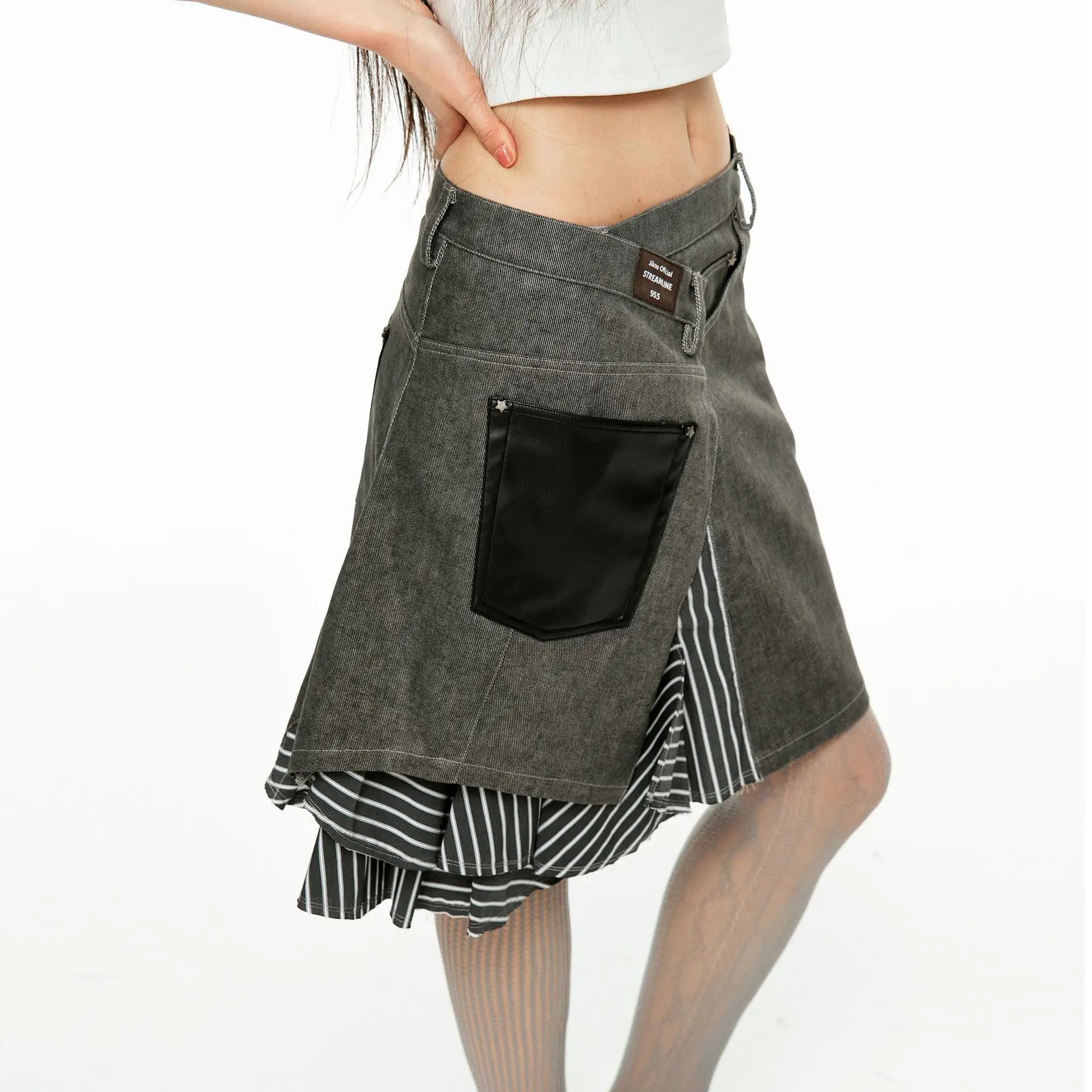Multi-sided Wear Splicing Irregular Skirt Old Medium Skirt Large Size High Waist Spice Girl Twill Denim A-shaped Skirt