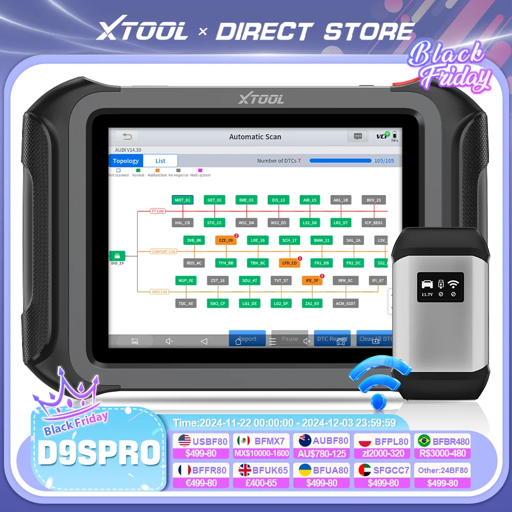 XTOOL D9S PRO Cars Wireless Car Diagnostic Tools ECU Programming FCA Autoauth 45+ Resets With 3-year Free Update Topology Map