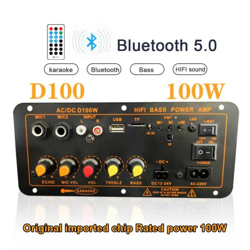 

D100 Digital Bluetooth 5.0 Amplifier Board Subwoofer 220V 12V 24V Dual Microphone Amplifiers for 8-12 Inch Speaker 100W