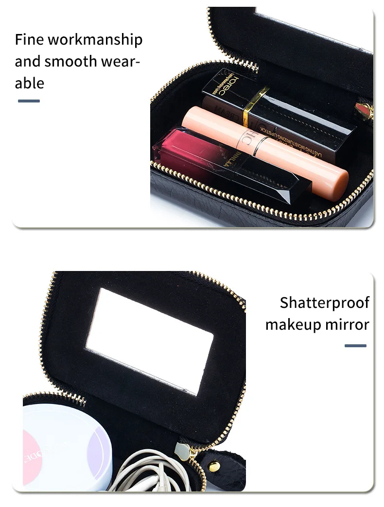 Lady Genuine Leather Lipstick Square Small Bag with Mirror Cowhide Cute Makeup Bag for Women's Jewelry Box Mini Coin Storage Bag
