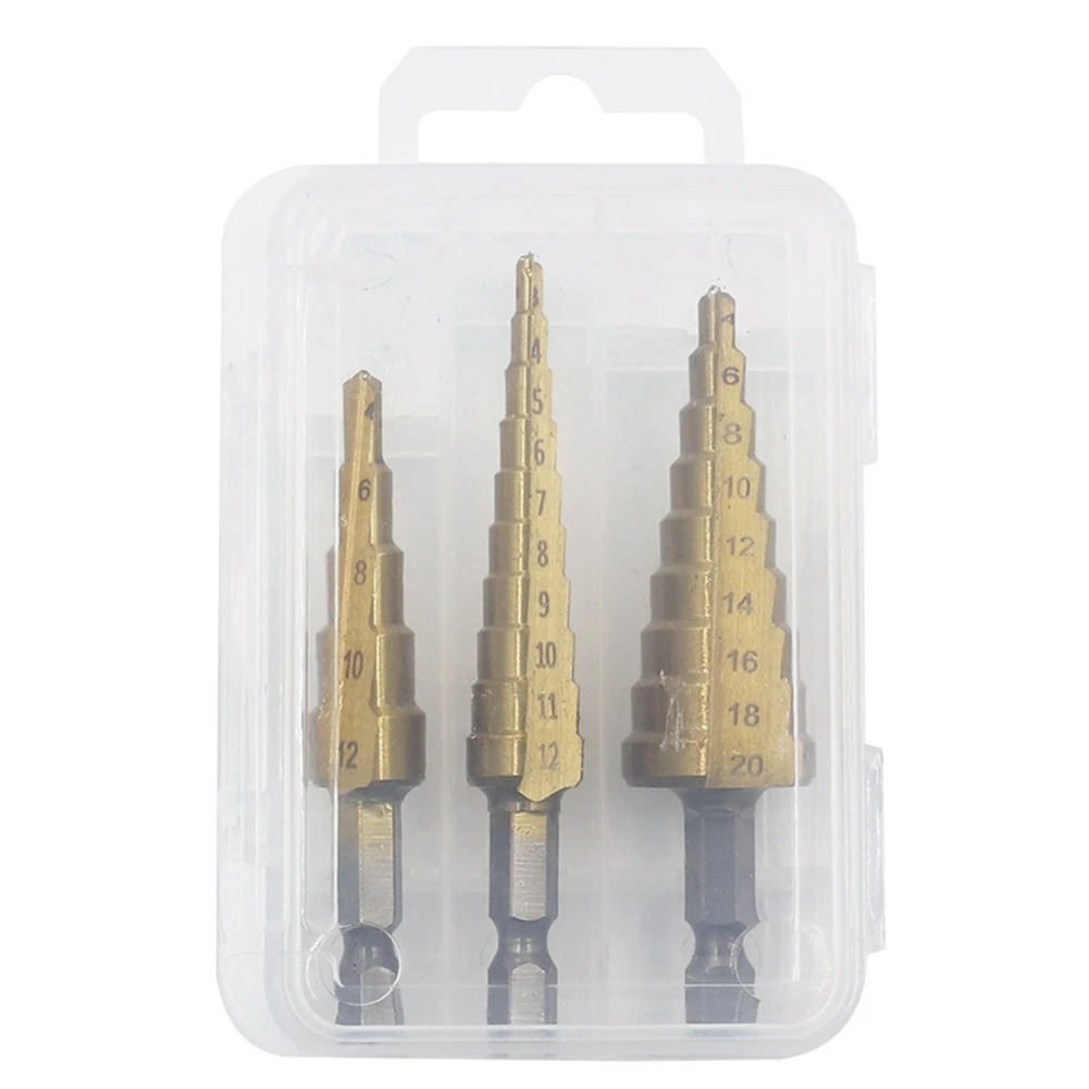 Step Drill Bit 3Pcs Hss Step Drill Bit Set Cone Hole Cutter Taper Metric Nitriding Hex Core Drill Bits Gold