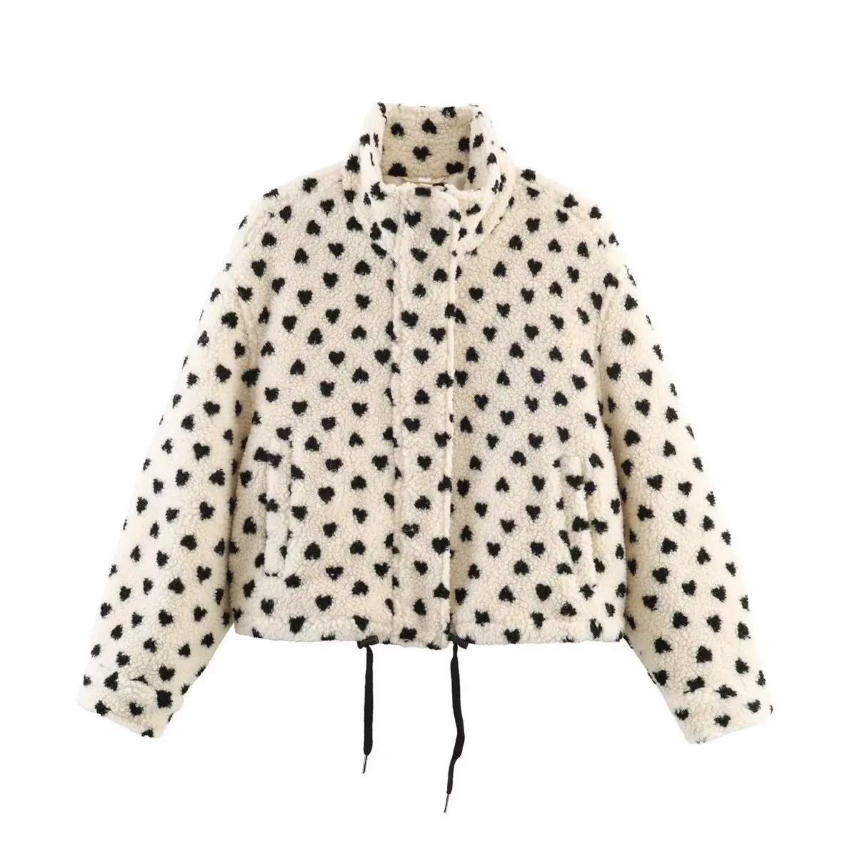 

KIDCRKJ Heart Print Women Spring Jacket Color Blocked Stand Collar Lambwool Coat For Lady Deisnged Loose Short Female Outwear