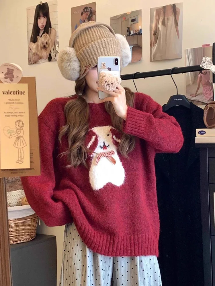 Christmas Red Cute Cartoon Sweater Women Vintage O Neck Sweet Bow Knitted Jumper Casual Lazy Wind Female Long Sleeve Pullover