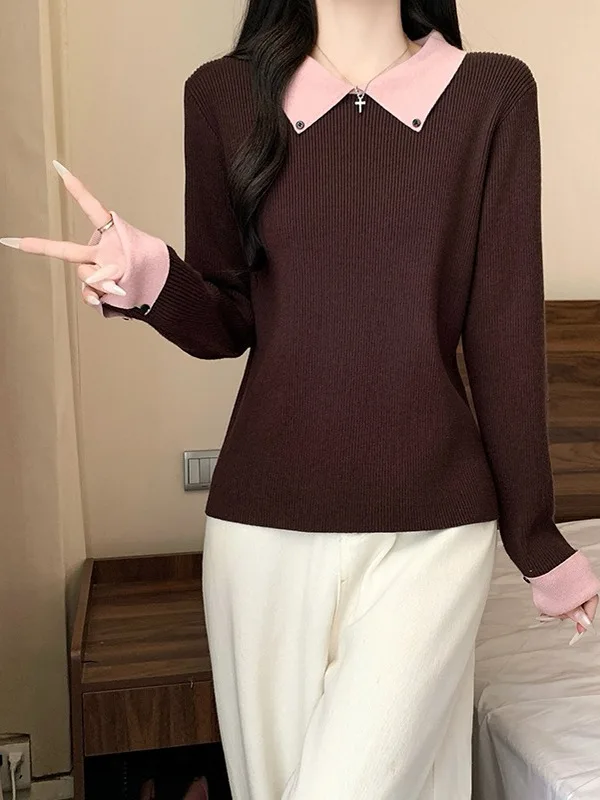 Stylish Large Size Women's Knitted Sweater Collared Patchwork Warmth Youthful Design Autumn Winter Commute Fashion Trend