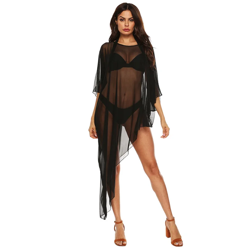 

Sexy Mesh See Through Bikini Cover-ups Ladies Irregular Loose Beach Dresses Women's Seven-quarter Sleeve Sun Protection Coverups