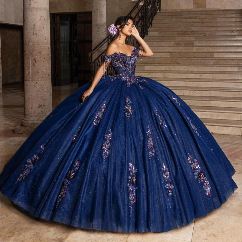

Темно-синее блестящее платье для квинсеаньеры, бальное платье с открытыми плечами, с пайетками, аппликацией, кружевом, бисером, кристаллами, бантом, из тюля, для дня рождения, вечеринки, Sweet 16
