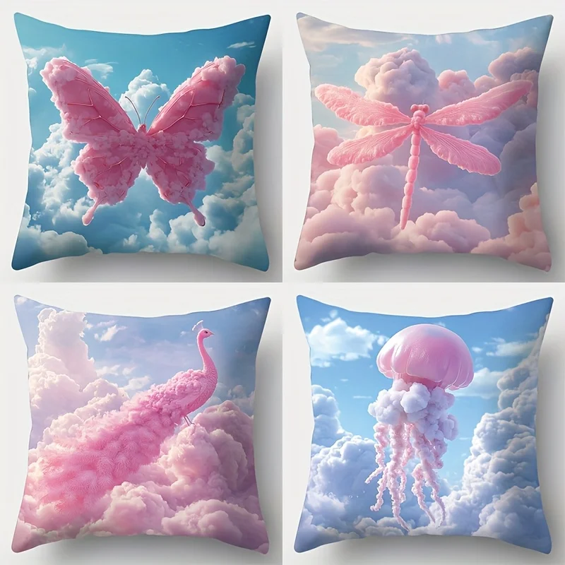 -4pcs set, pillowcase. Happy Easter! Including butterfly, dragonfly, red-crowned crane, jellyfish and other patterns. Suitable f