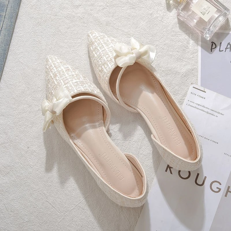 Schuhe für Damen mit Schleife, spitzer Zehenbereich, weiße Damen-Flats, elegant und modisch, im Angebot, 2025, Trend, beliebt, Urlaub, jung