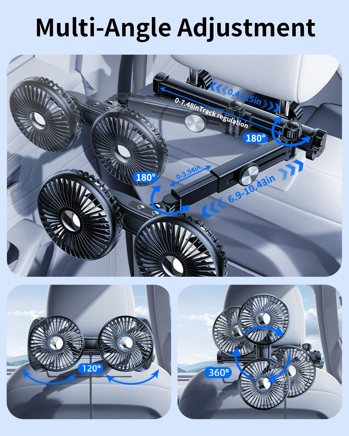 Eary-ventilador de doble cabezal para asiento trasero de coche, asiento trasero con 3 velocidades de viento, ventilador de refrigeración de aire ajustable multiángulo 360 con 2 ganchos ocultos