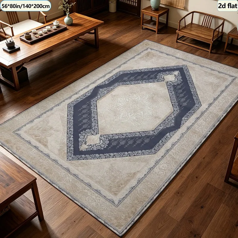 Vintage European Medallion Carpet Flooring, Beige Navy Layered Ornamental Area Rug Soft Floor Mat for Living Room Hallway Home Decor