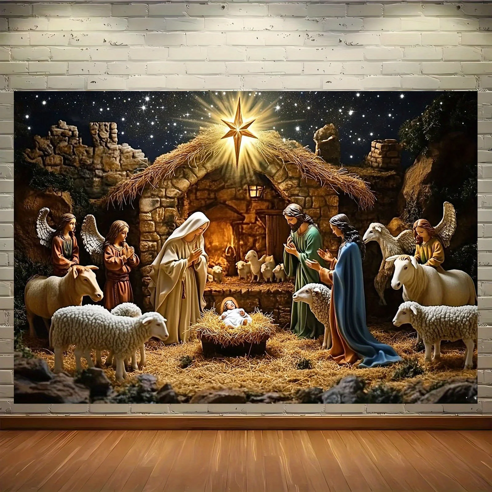 1 piece of Christmas background cloth, a stable scene of Christmas with angels, sheep, and starry night sky