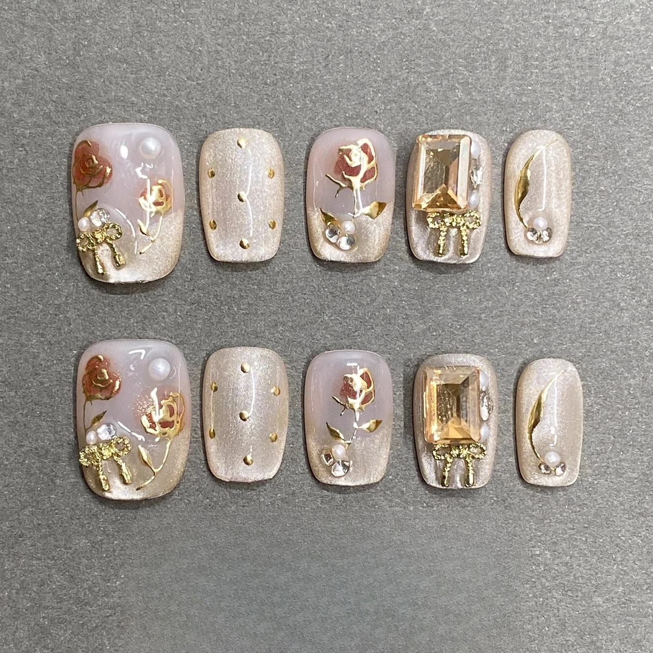 

Gilt Rose Realm The Moon Handmade Summer Pure Desire Wind Sparkle Hand Painted Watercolor Three-dimensional Nail Art Fake Nails