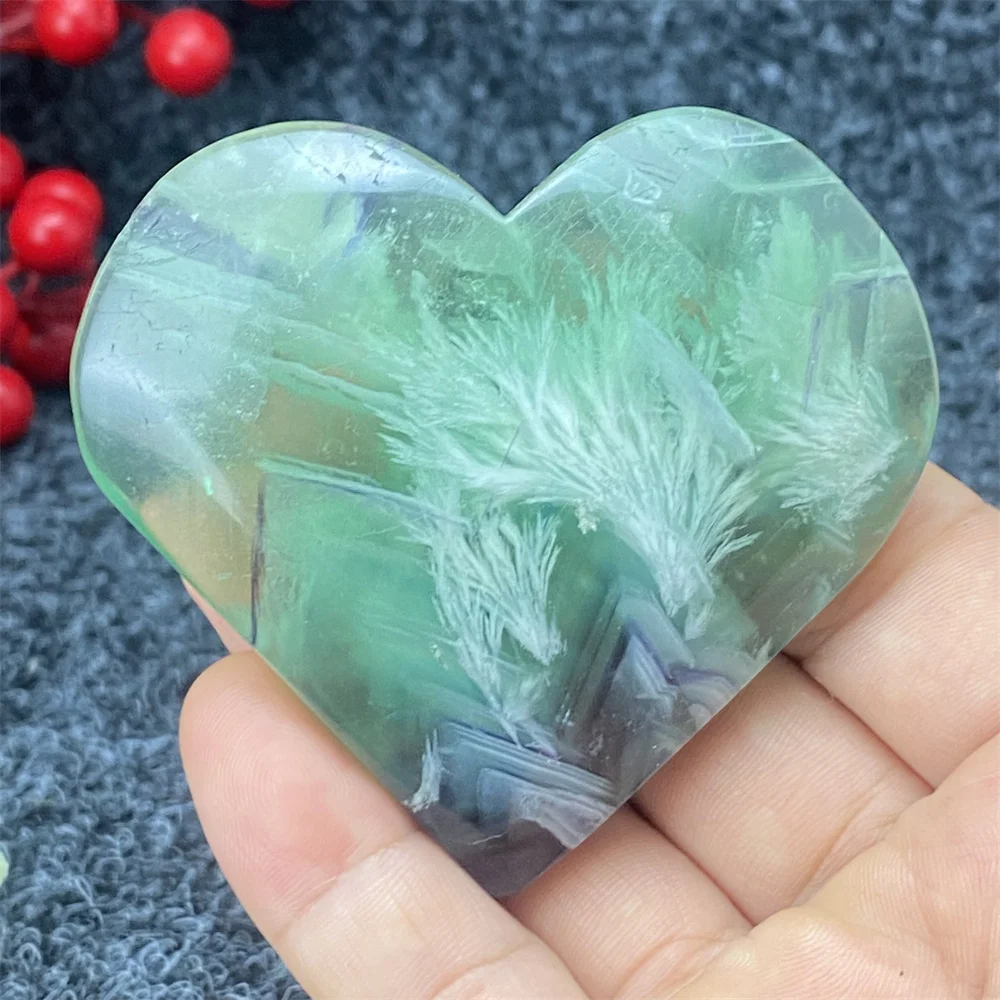 Natural Rare Feather Fluorite Hand Polished Crystal Heart Shape Polished Power Gemstone Holiday Gift Home Decor