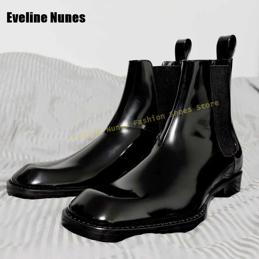 Dedo do pé quadrado retro chelsea botas de couro patente preto retalhos puxar no tornozelo masculino punk legal escuro bota 2025 novo estilo sapato casual