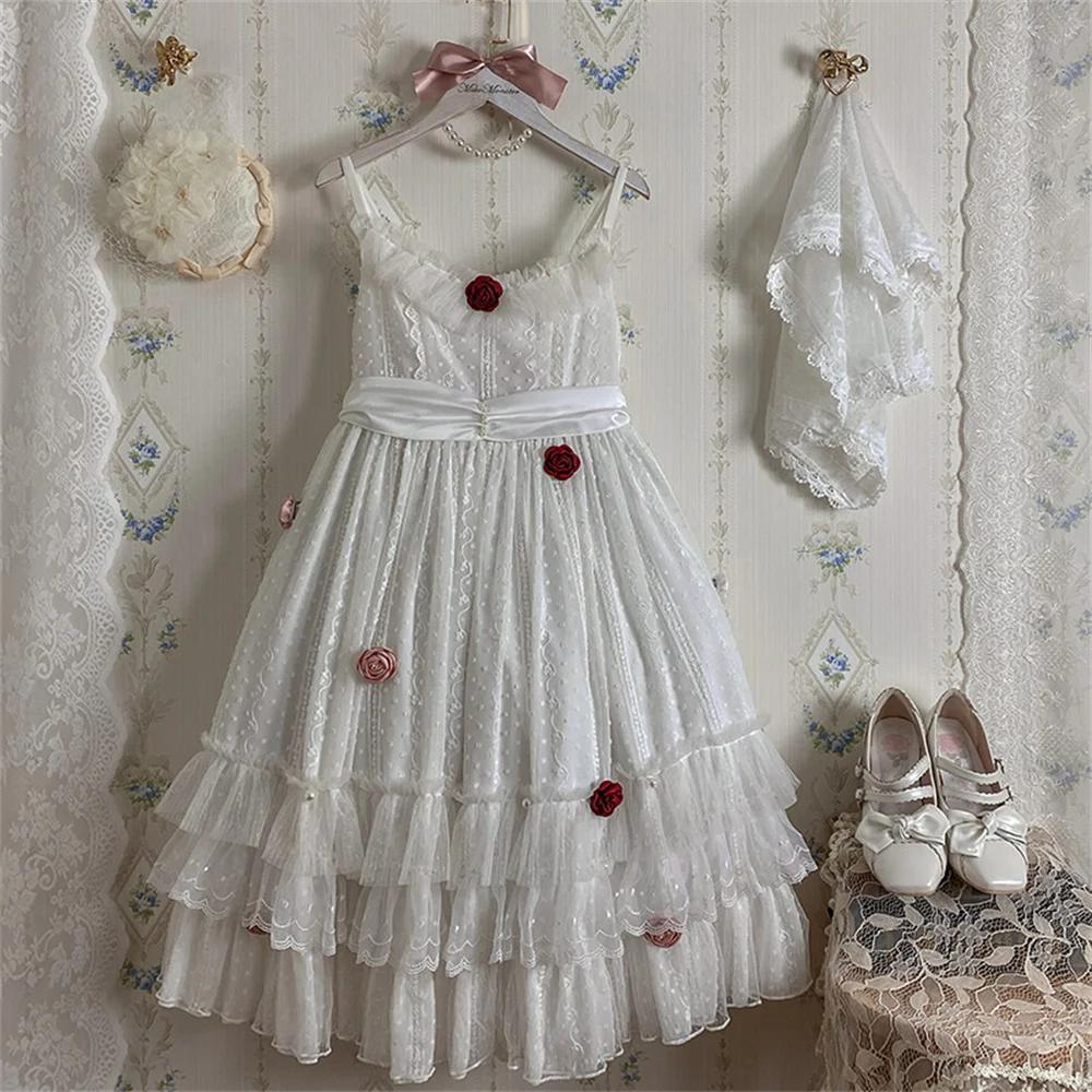 Red Rose Elegant Girls Large Size 3xl 4xl Lace Cute Lolita Dress Summer Sweet Pattern Embroidery Ruffle Cosplay Lolita Jsk