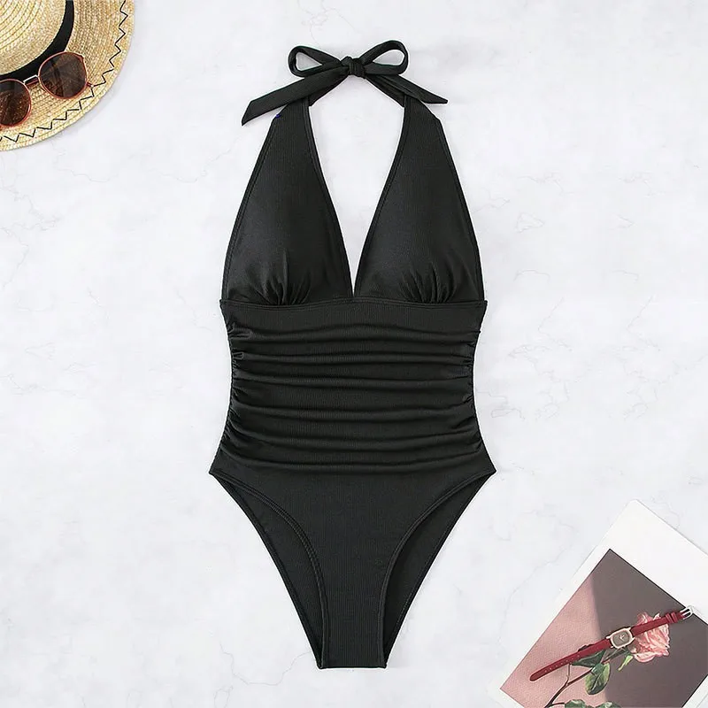 Einteiliger Strand-Badeanzug mit Schlinge für Frauen, abnehmender Bikini mit heißen Quellen, hohe Taille, rücken freier Badeanzug mit engem Neck holder