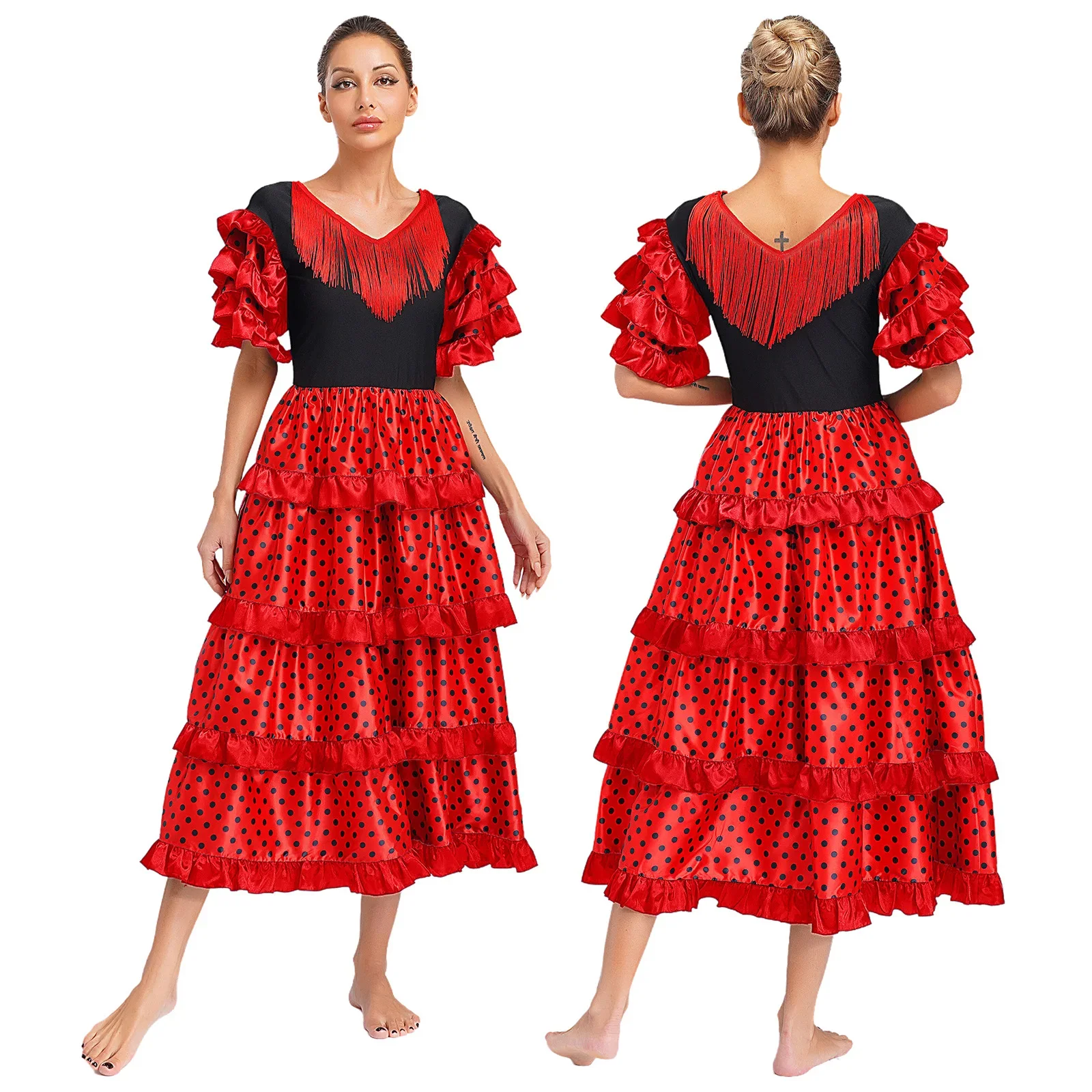 Traje de baile folclórico para mujer, vestido con borlas y cuello en V con volantes y capas, vestido con vuelo de Flamenco, uniforme de competición folclórica mexicana