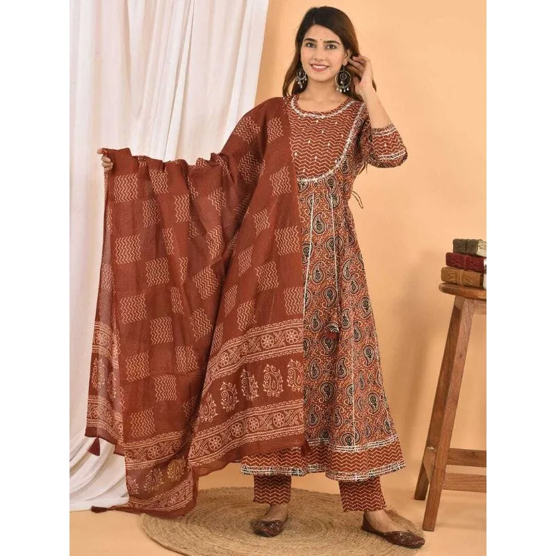 

Ready Made Ethnic Brown Cotton Salwar Kurti Pants Dupatta Dress