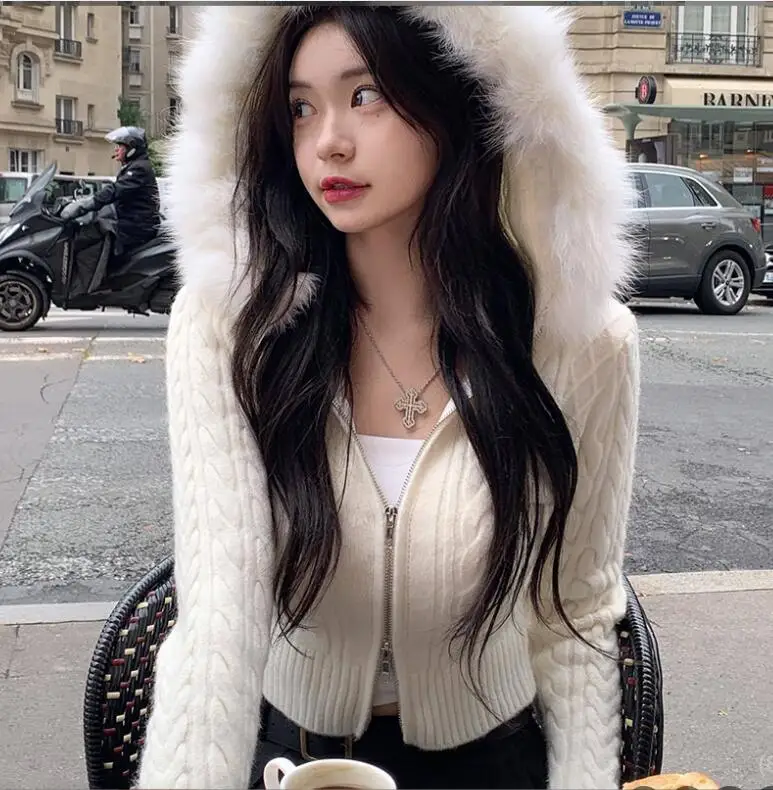 Sweet Furry Trim Hooded Knitted Cropped Cardigans Slim Zipper Long Sleeve Sweaters Women 2023 Autumn Winter Fashion Lady