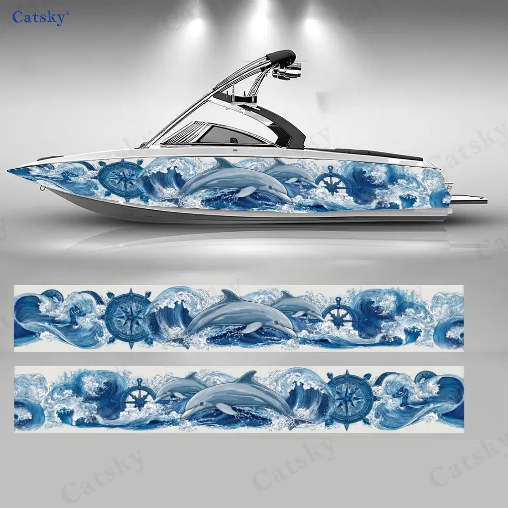 Blue Tone Dolphin Riding Waves Boat Stickers, PVC Waterproof Vinyl Wrap Decals for Fishing Boats, Durable and Stylish Design