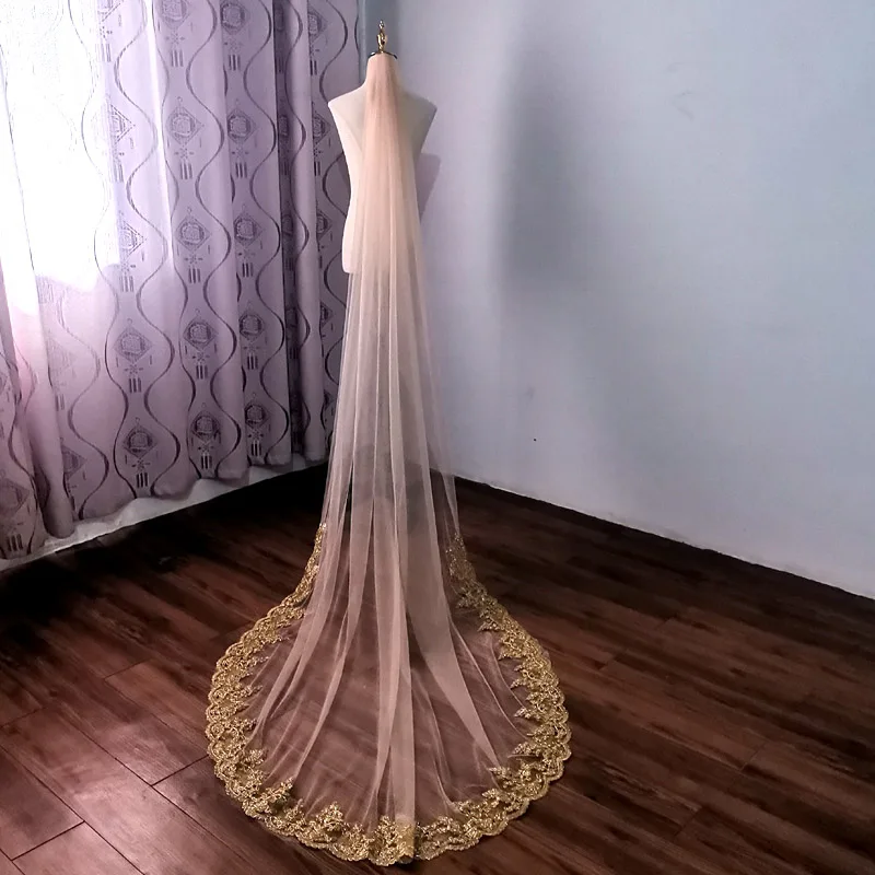 Gold/White Glamorous Bridal Veil 2023 Lace Cathedral Wedding Accessories 3m Long With Comb New Veil