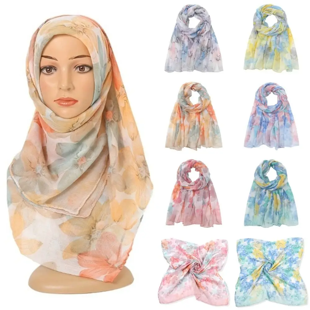 

85*180 см мусульманский шарф, легкая вуаль с цветочным принтом, платок в этническом стиле, защита от солнца, солнцезащитный шарф, туристический отдых