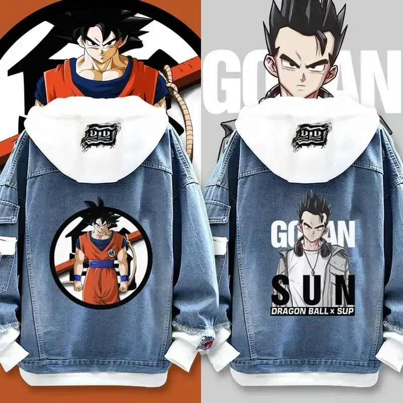 Dragon Ball Vegeta Son Goku Fashionable Patchwork Loose Hooded Spring Denim Jacket for BoysWarmth Sweatshirt Handsome Outfit