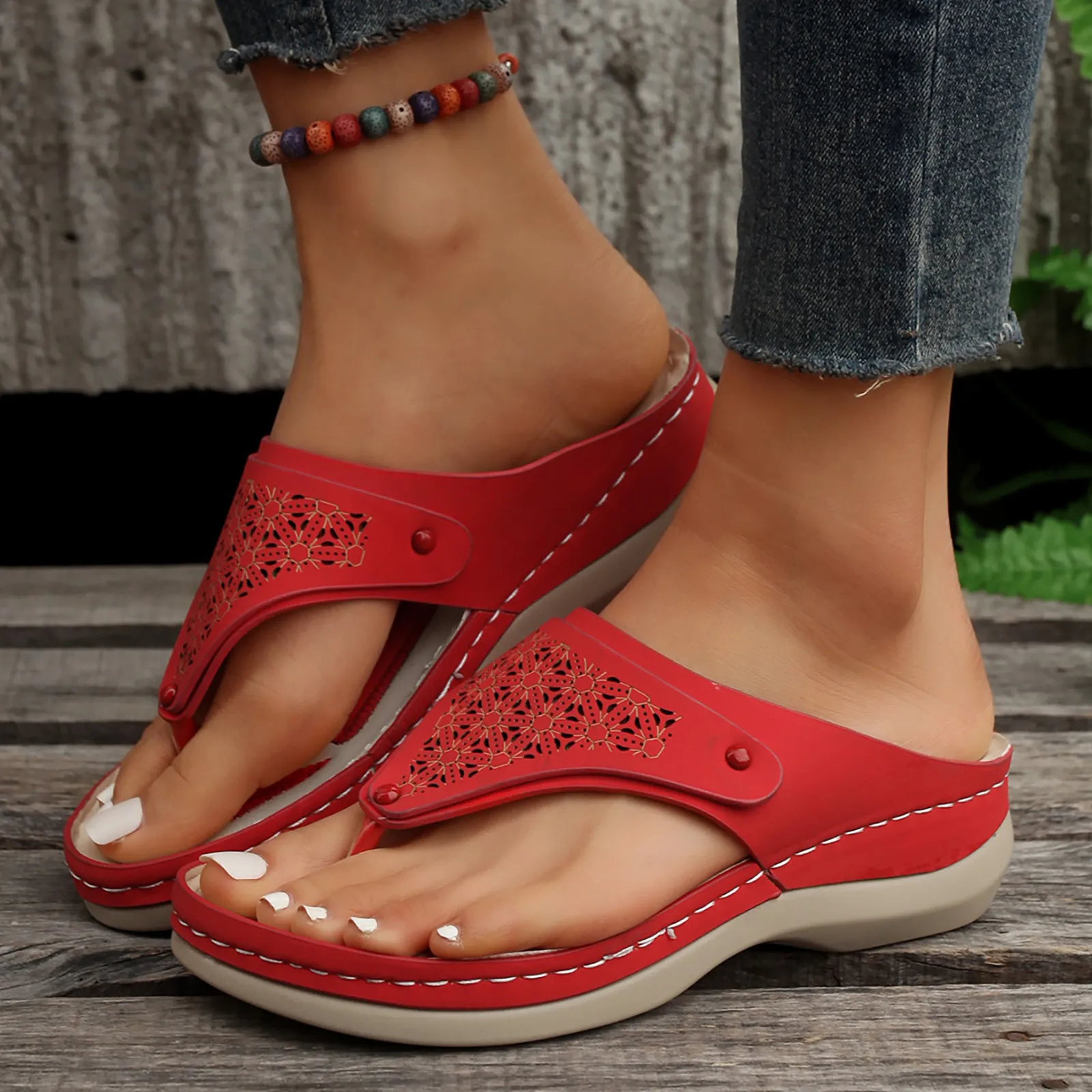 Women Platform Sandals Beach Casual Wedges Flip Flops Premium Orthopedic Open Toe Big Toe Anti-slip Outdoor PU Leather Shoes