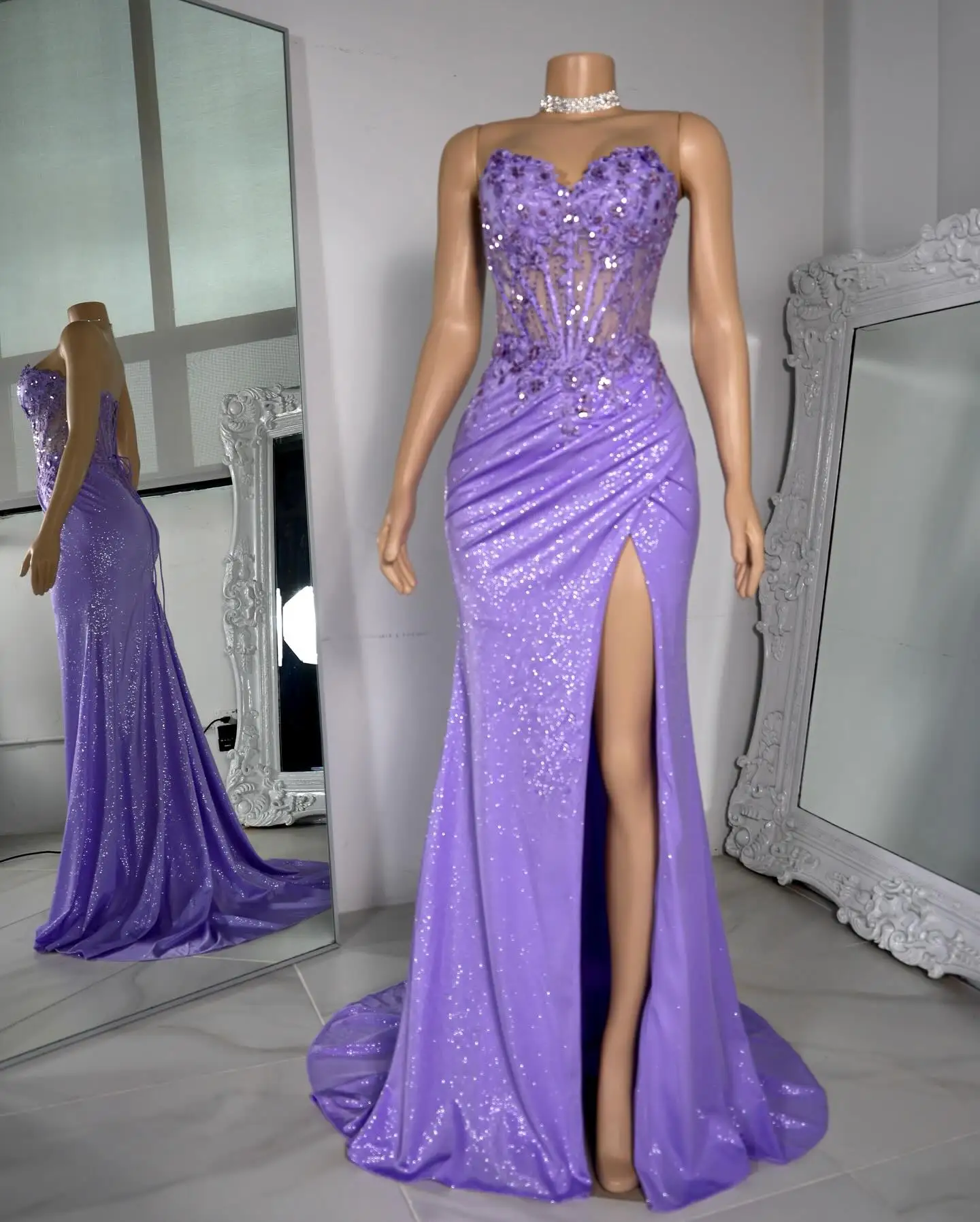 Purple Mermaid Evening Dresses Glitter Sequins Appliques Sleeveless Women Party Gowns Sexy Sheer Neck Side Split Prom Dresses