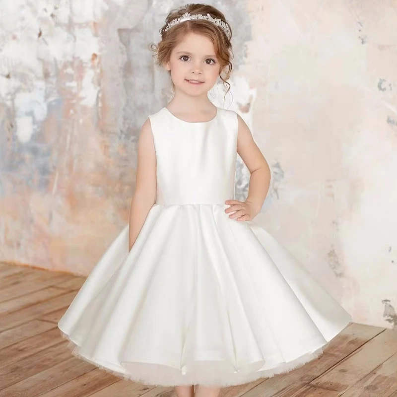 White Flower Girl Dresses Satin Solid With Big Bow Sleeveless For Wedding Birthday Party First Communion Gowns