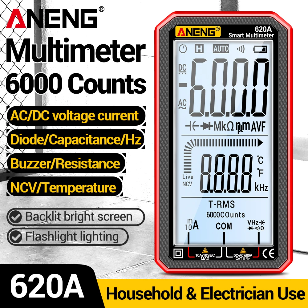 

Умный цифровой мультиметр ANENG 620A с 6000 измерениями, тестер напряжения и тока AC/DC, NCV, измерение сопротивления и емкости, инструмент для электриков и домашнего использования