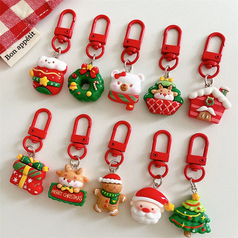 10pcs random model christmas resin keychain cute santa elk gingerbread man bag charm key ring merry christmas friendship gift