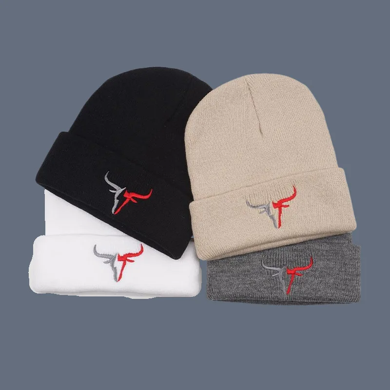 Bull head embroidered knitted hat embroidered acrylic autumn and winter pullover cap