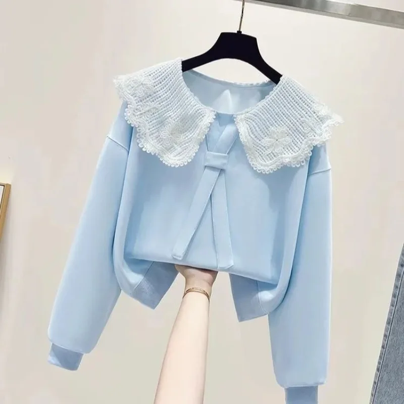 

Elegant Korean Style Lazy Oversized Sweatshirt With False Layered Design Lace Trimmed Peter Pan Collar