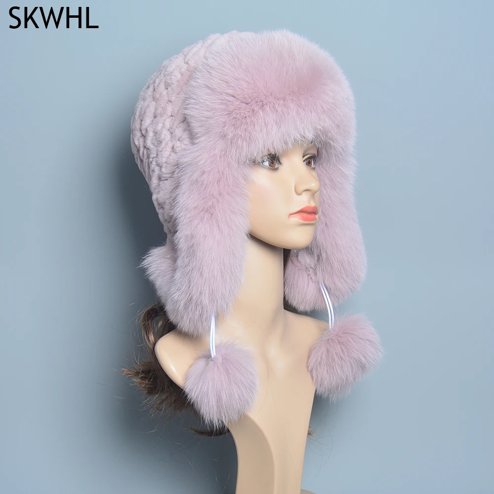 

Winter Hats for Women Real Fox Fur Bomber Hat Elastic Knitted Luxury Lady Real Rex Rabbit Fur Beanie Hat With Ear Protectors