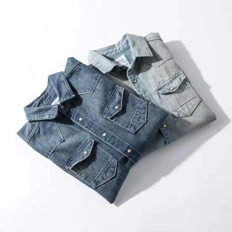 Retro American Washed Denim Shirt Men's Loose Casual Long Sleeve Workwear Shirt Jacket Cotton Pure Color Wear Resistant