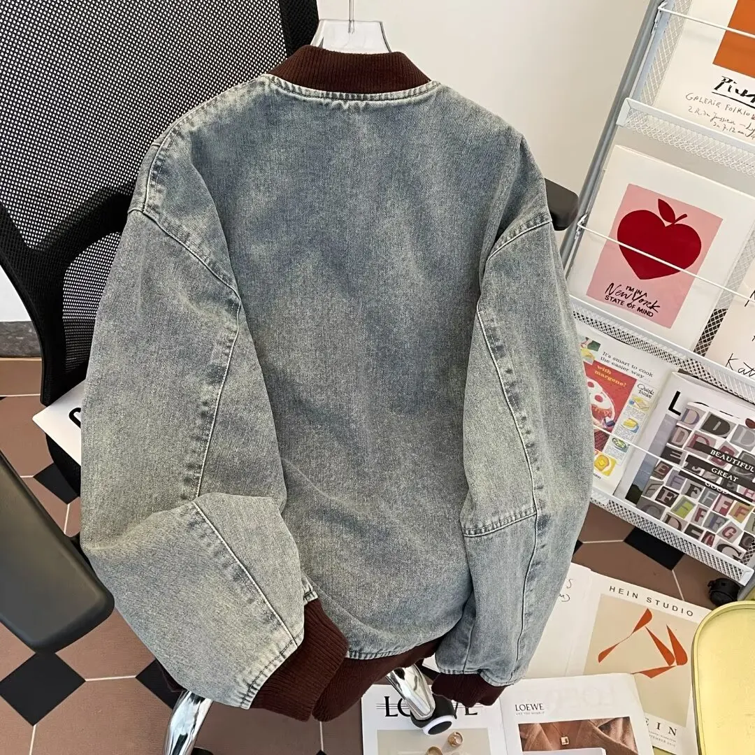 Y2K Street DENIM แจ็คเก็ตเบสบอลผู้ชาย VINTAGE Distressed ตัวอักษรแขนยาว Hem ขนาดใหญ่ฤดูใบไม้ผลิฤดูใบไม้ร่วง Cool Casual Coat